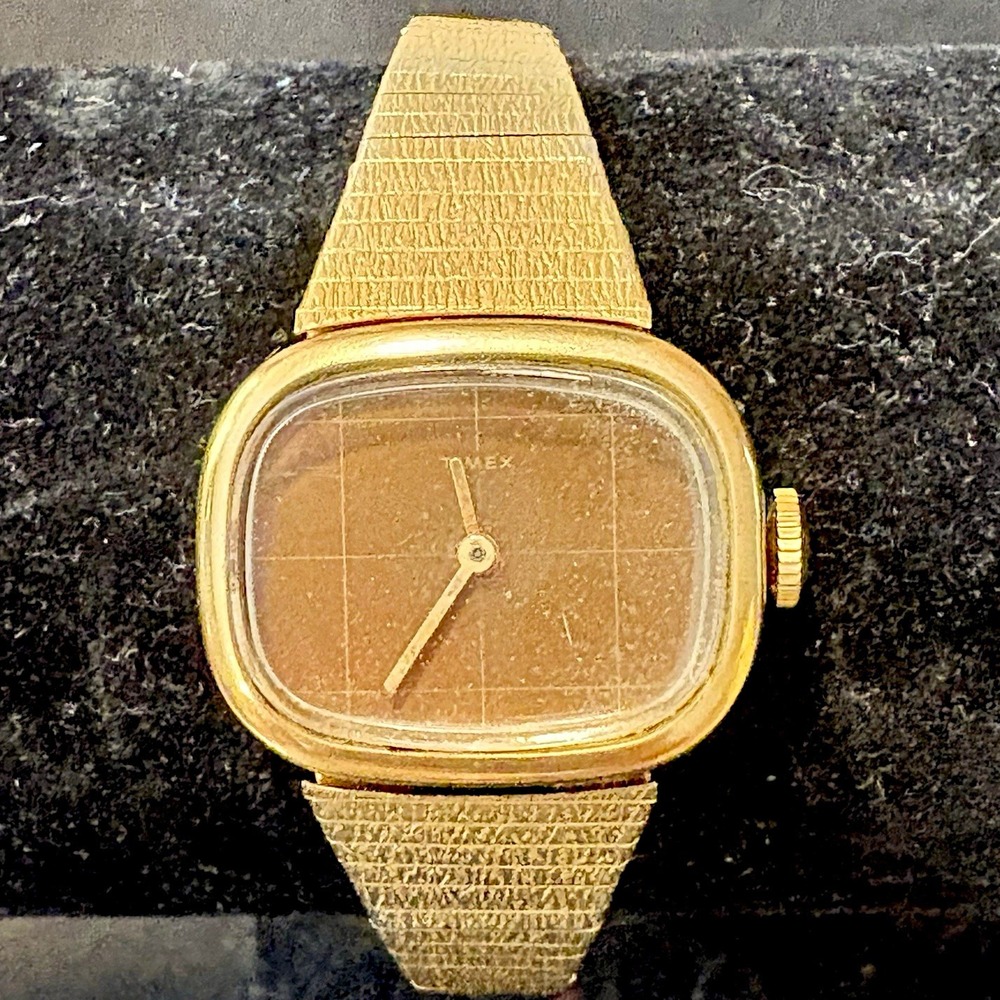 Vintage Timex Ladies Mechanical Wind Up Watch Gold Tone Mesh Brown Dial Runs